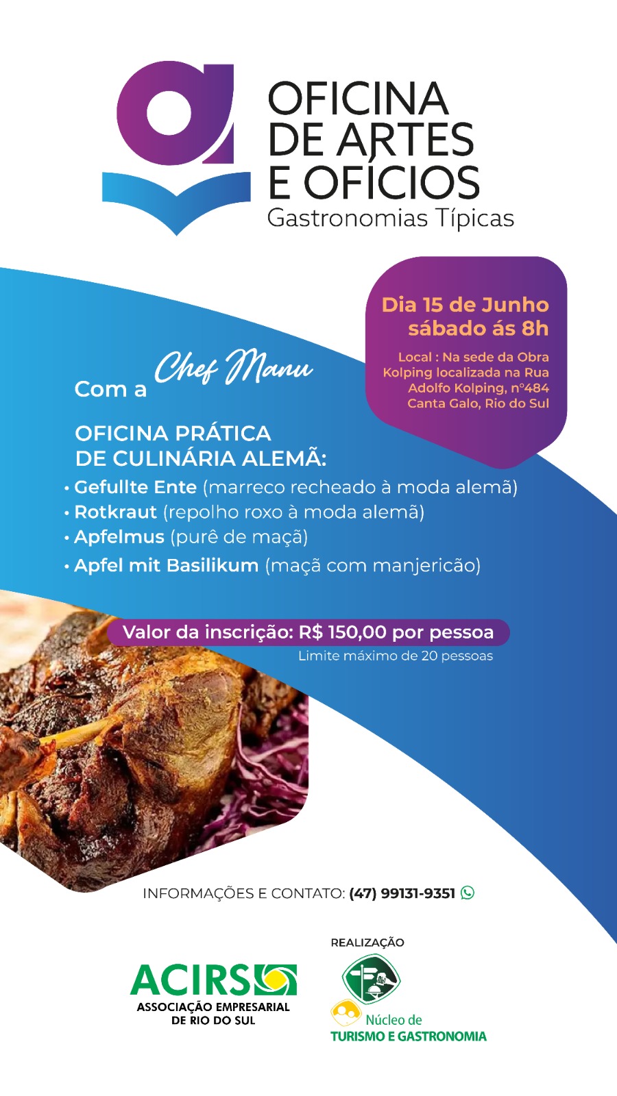 Imagem destaque na postagem Núcleo de Turismo e Gastronomia da ACIRS promove 1ª Oficina de Artes e Ofícios Gastronomias Típicas